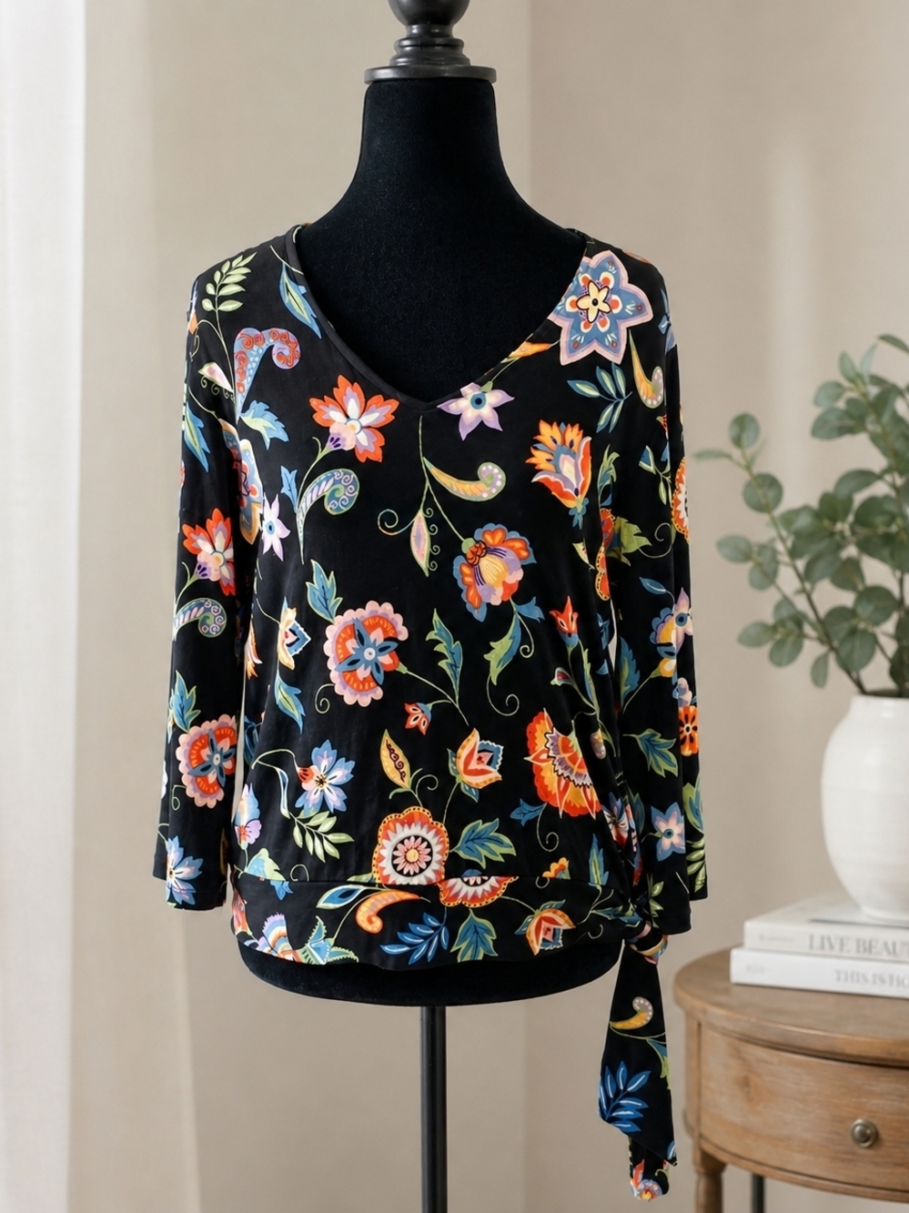 Vintage Choices Floral Boho Top S Black Paisley Tie Waist Y2K